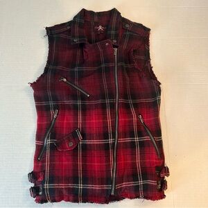 Women Royal Bones Flannel Red/Black Plaid Moto Biker Daang Goodman Vest size XL